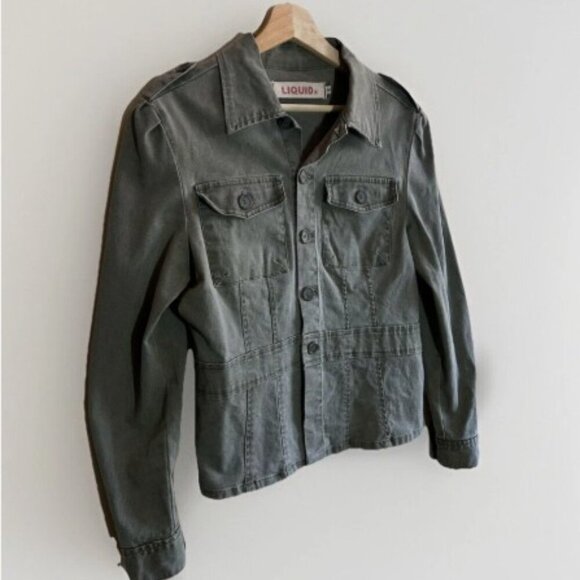 Liquid X Women's Military Army Green Cargo Pockets Jean Jacket Size Medium - Picture 3 of 12